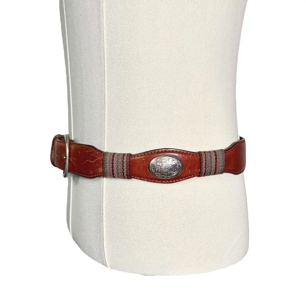 Silver Creek | Men | Vintage Banded Western Silver Medallion Leather Belt | 36